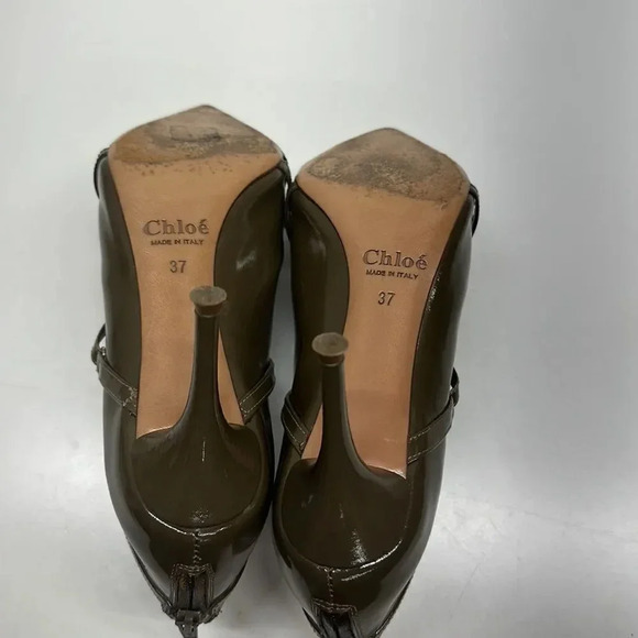 Chloe Ankle Heeled Boots Booties Boot Patent Leather Olive Green Size EU 37 US 7 - Picture 9 of 11